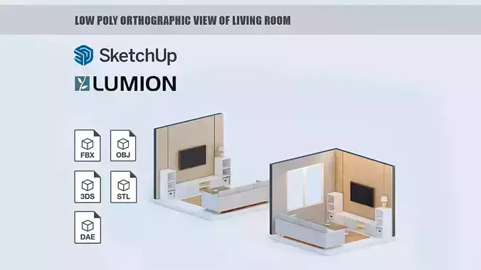 Low poly orthographic view of living room studio house Lumion 11 Low-poly 3D model