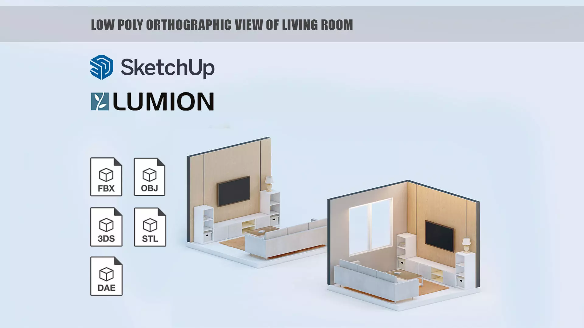 Low poly orthographic view of living room studio house Lumion 11 Low-poly 3D model_0