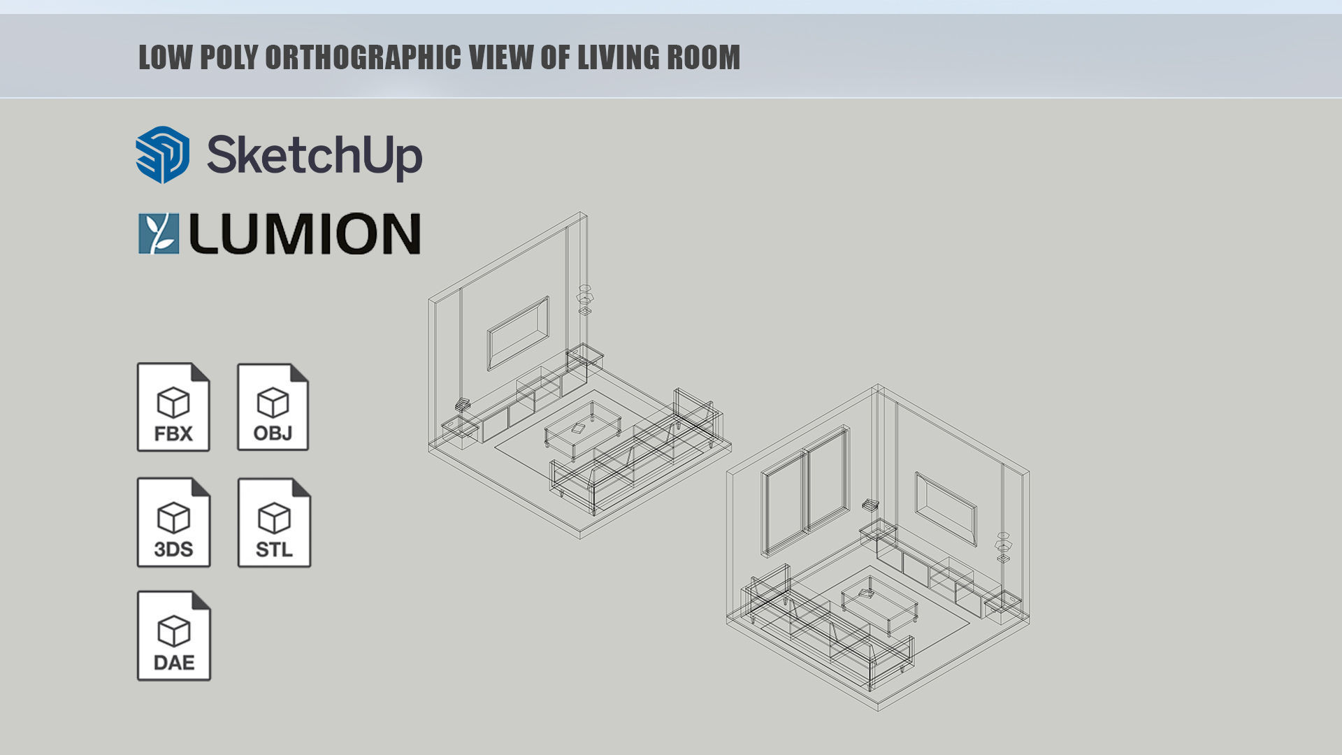 Low poly orthographic view of living room studio house Lumion 11 Low-poly 3D model_6