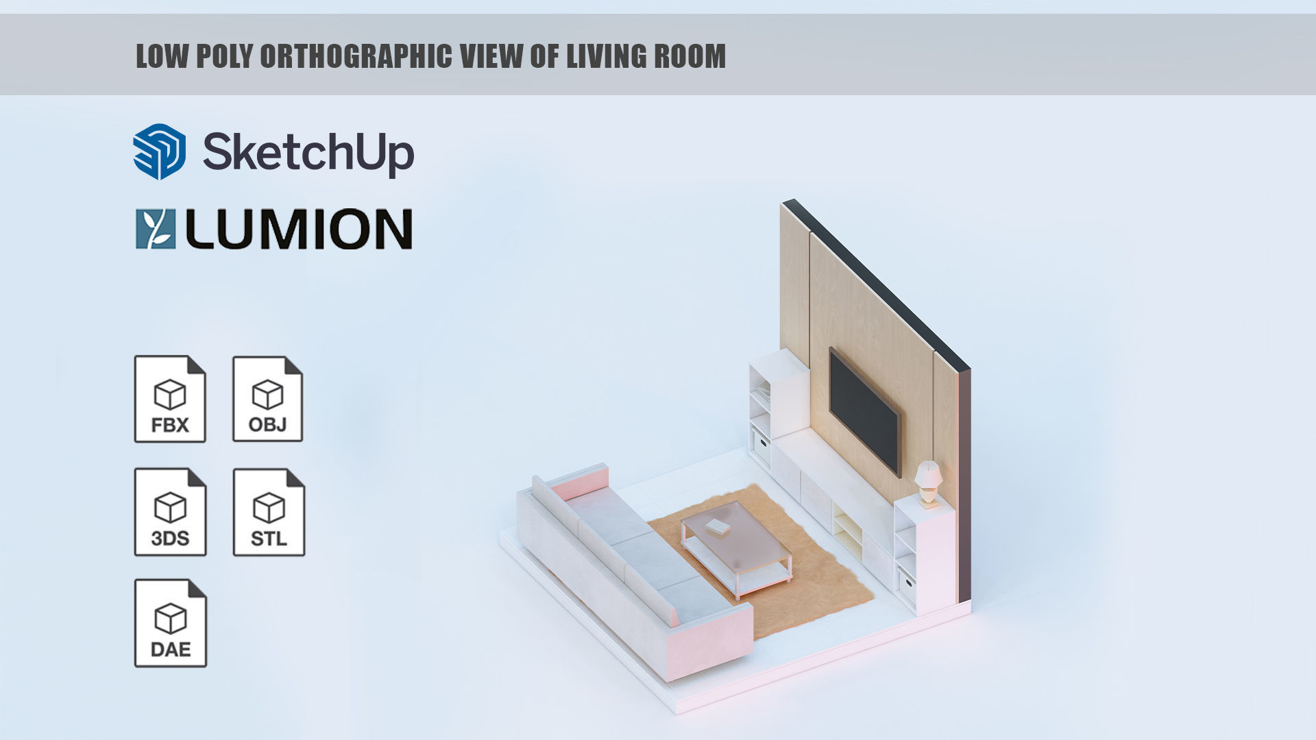 Low poly orthographic view of living room studio house Lumion 11 Low-poly 3D model_1