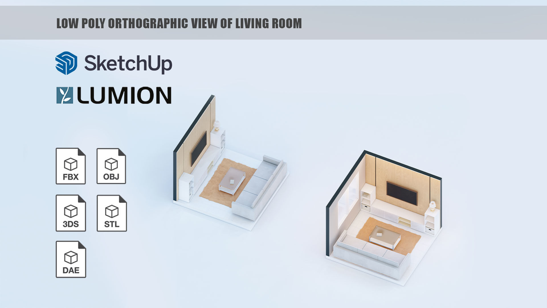Low poly orthographic view of living room studio house Lumion 11 Low-poly 3D model_5