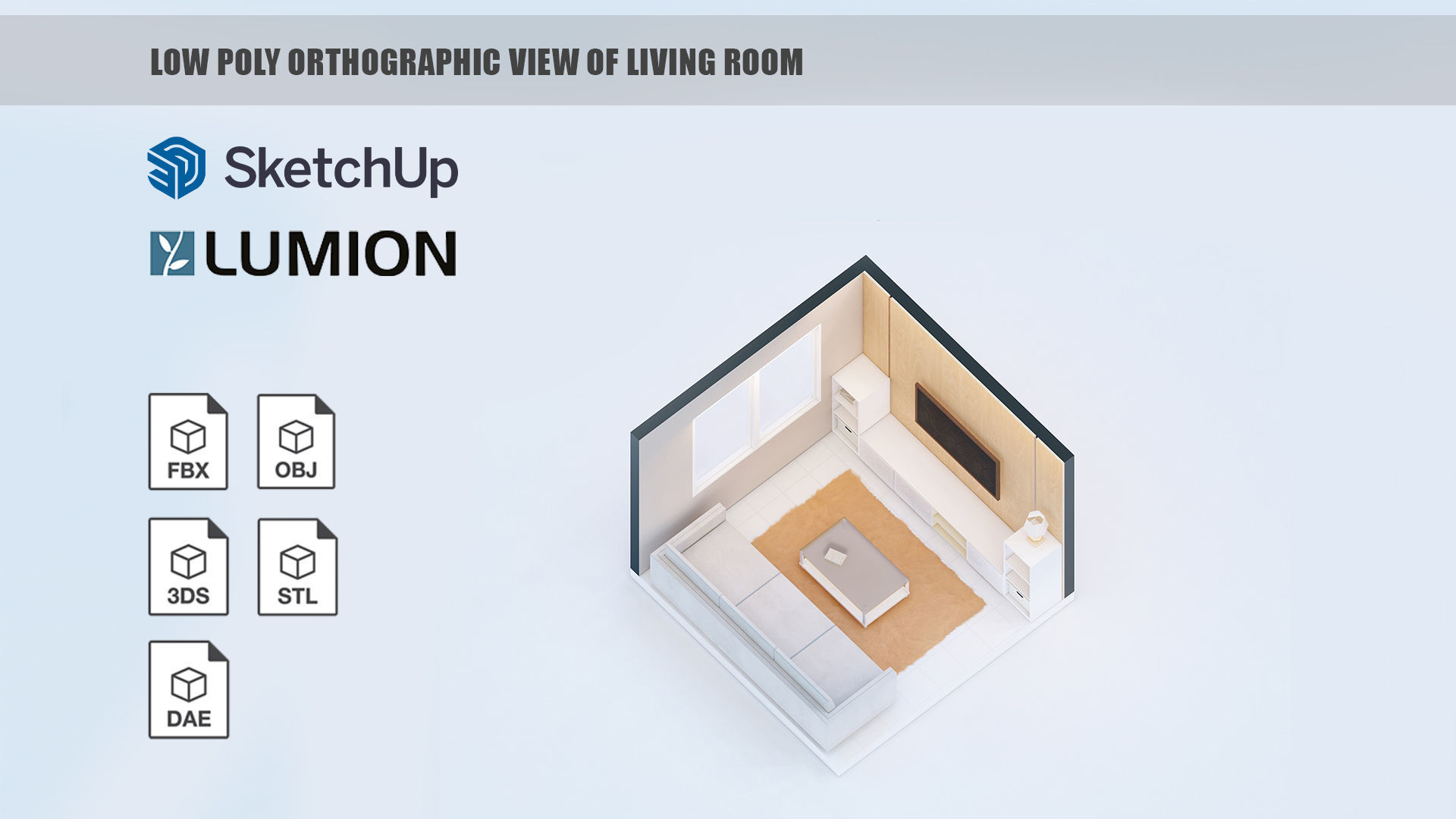 Low poly orthographic view of living room studio house Lumion 11 Low-poly 3D model_2