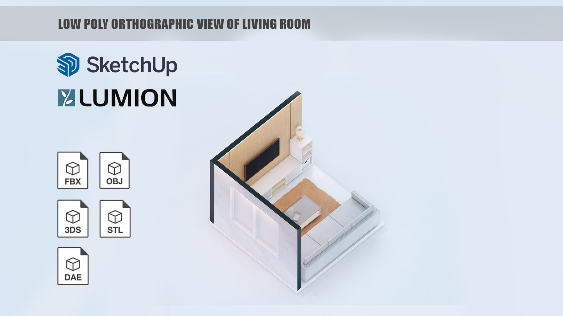 Low poly orthographic view of living room studio house Lumion 11 Low-poly 3D model_4