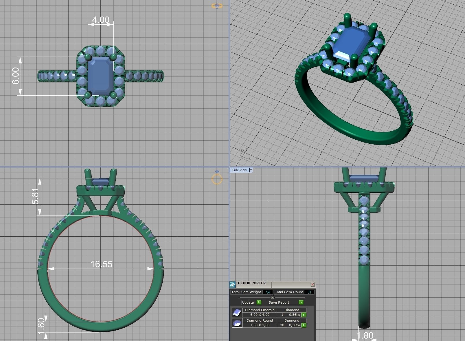 Classic Engagement Halo Ring 6x4 Emerald Cut stone 3dprint ring 3D print model_12