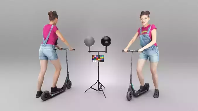 Smiling young woman with scooter 360