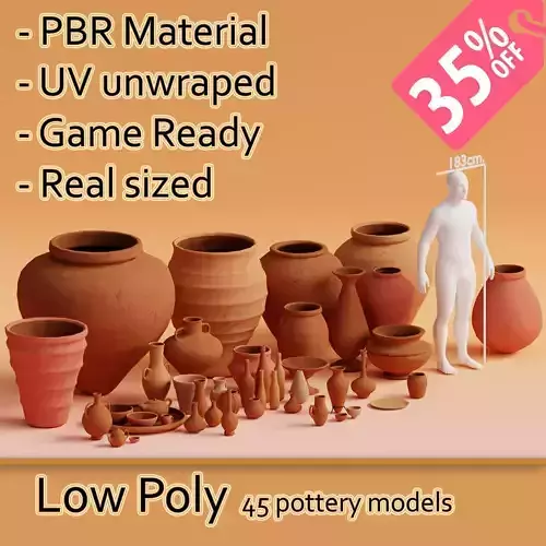Low-Poly Pottery Pack - 45 Models Low-poly 3D model