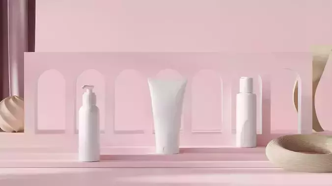 Pink cosmetics scene with arch wall and beige decorations 3D model