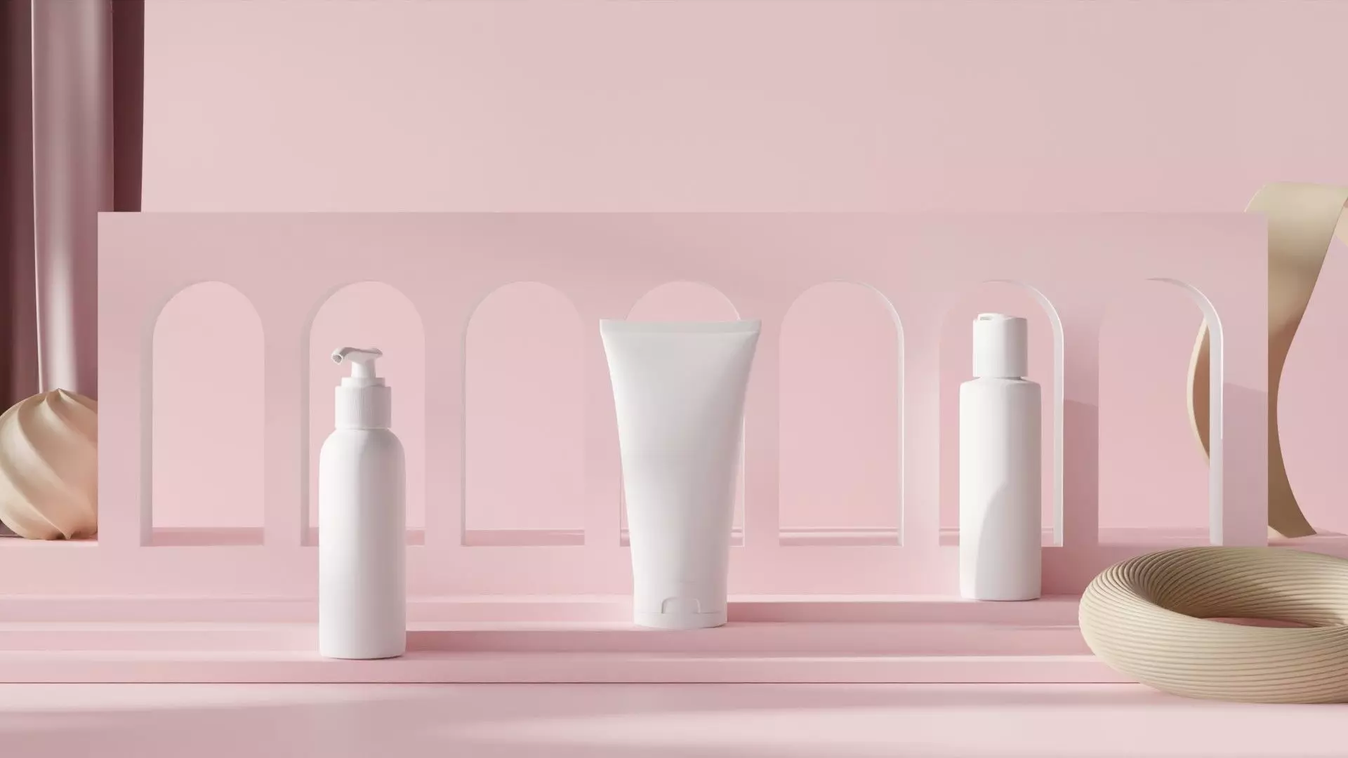 Pink cosmetics scene with arch wall and beige decorations 3D model