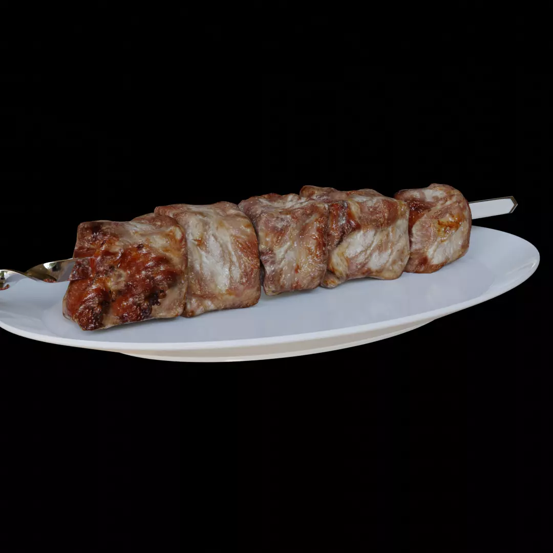 Barbeque skewered meat on plate 3D model