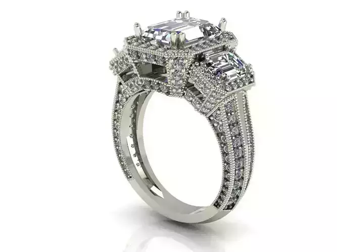 Emerald engagement ring 3 stone white gold