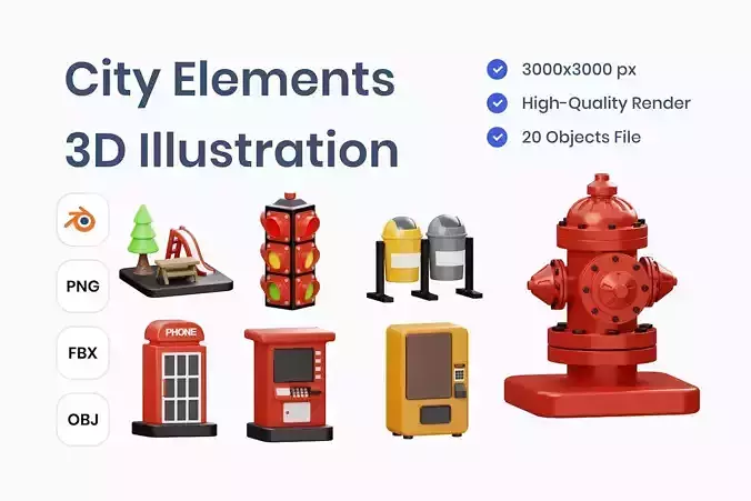 City Elements 3D Illustration