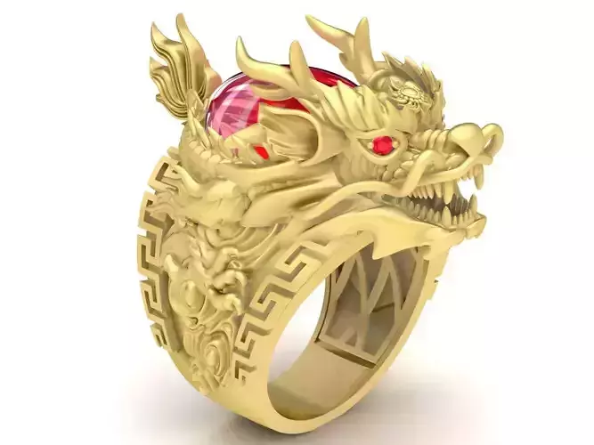 Fengshui China Dragon Keep Oval Ruby Men Ring 3786