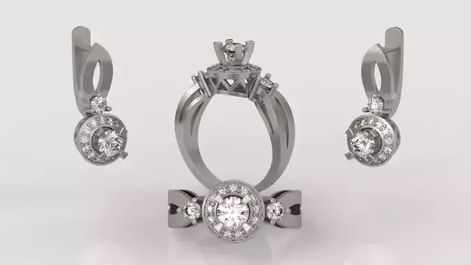 Ring and Earrings Diamond jewelry set 3d print model A 44