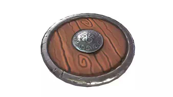 Round wooden shield stylized cartoon PBR game asset 