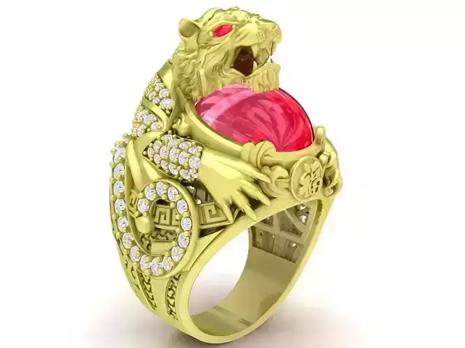 Zodiac Lucky Diamond Tiger hold Oval Ruby Men Ring 3788