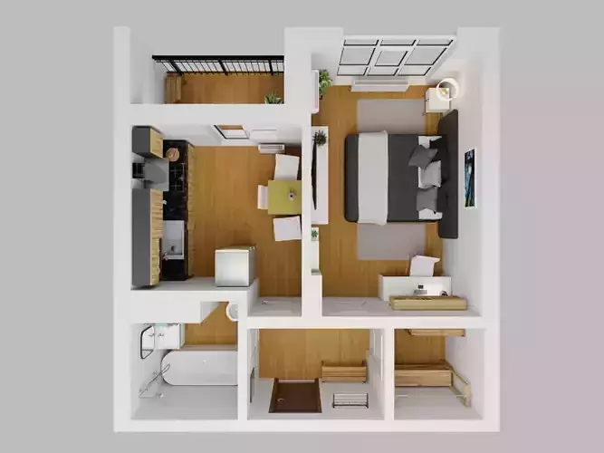 Small 1-bedroom apartment floor plan with balcony