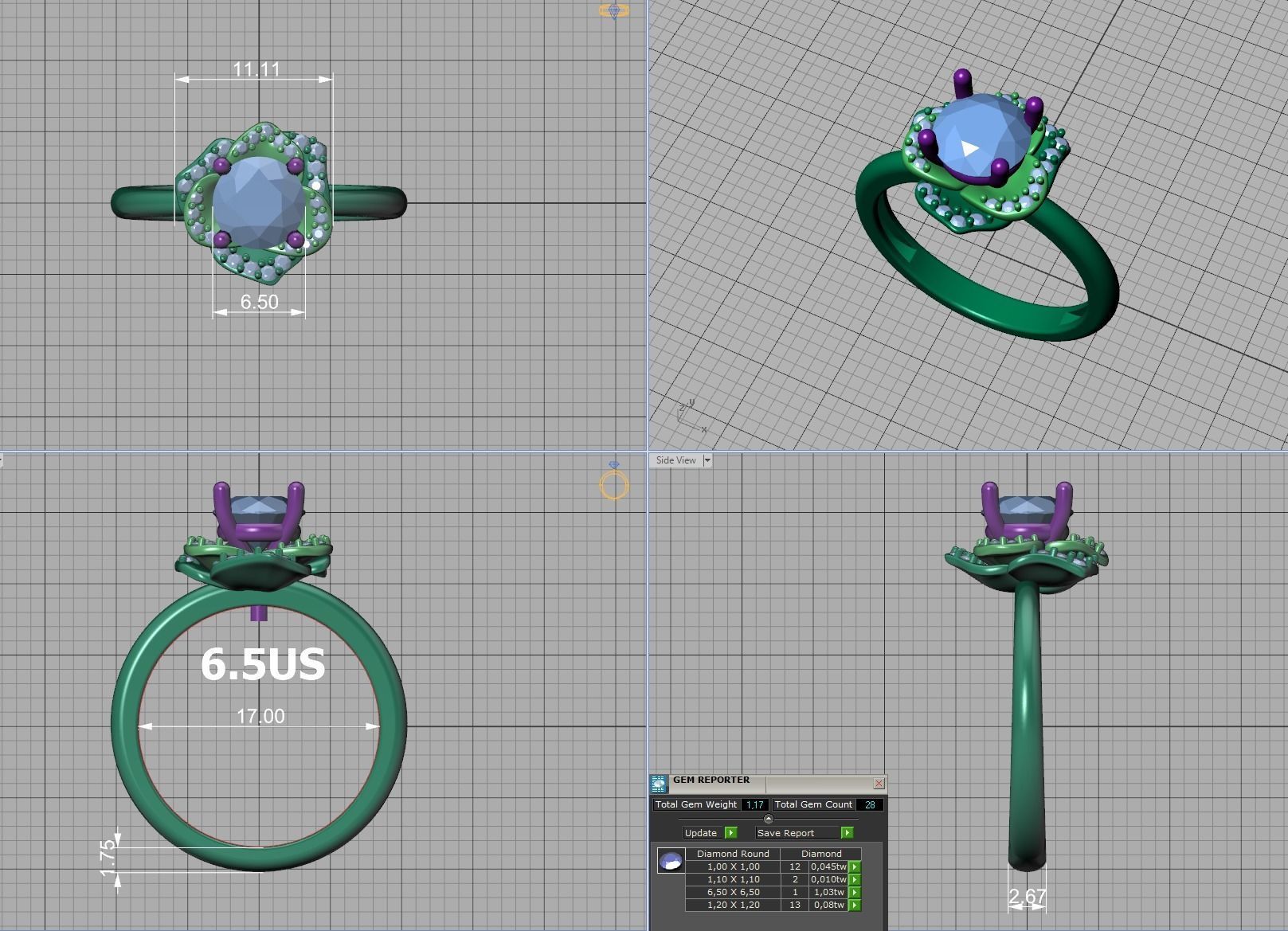 Flower Engagement Ring 1ct Stone Nature design Ring 3D print model_14