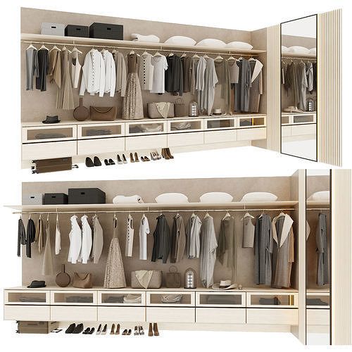 Wardrobe closet with clothes hanging on racks 3D model