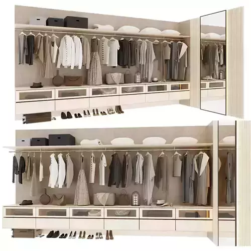 Wardrobe closet with clothes hanging on racks 3D model