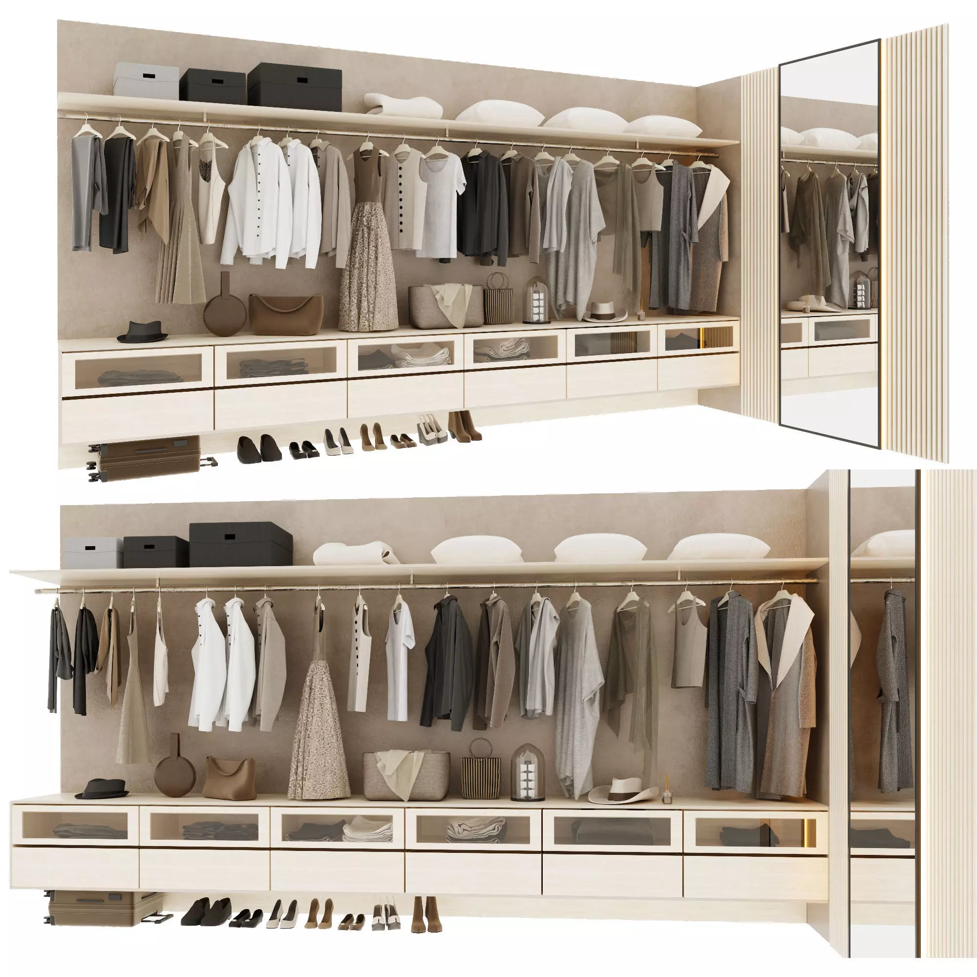 Wardrobe closet with clothes hanging on racks 3D model_0