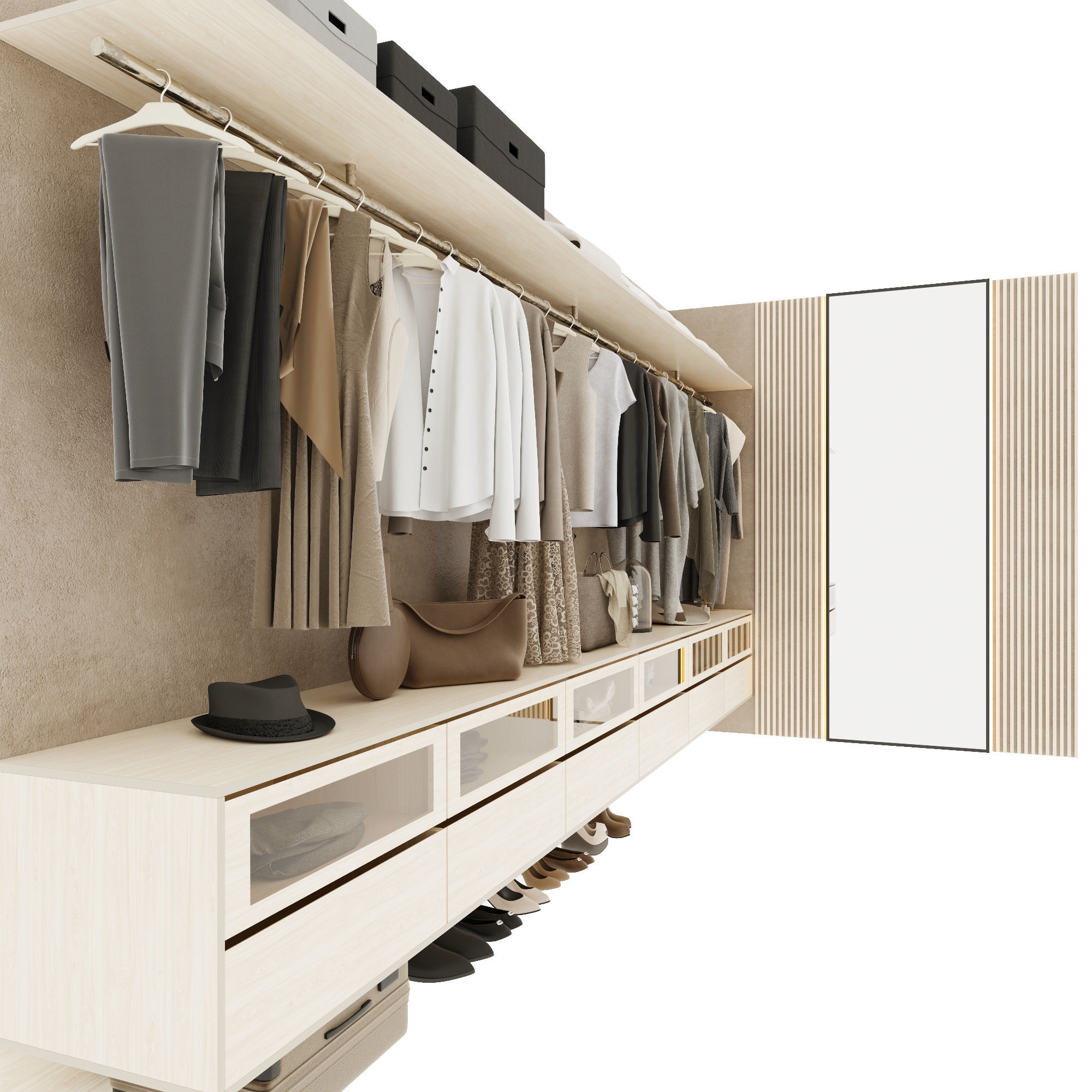 Wardrobe closet with clothes hanging on racks 3D model_3