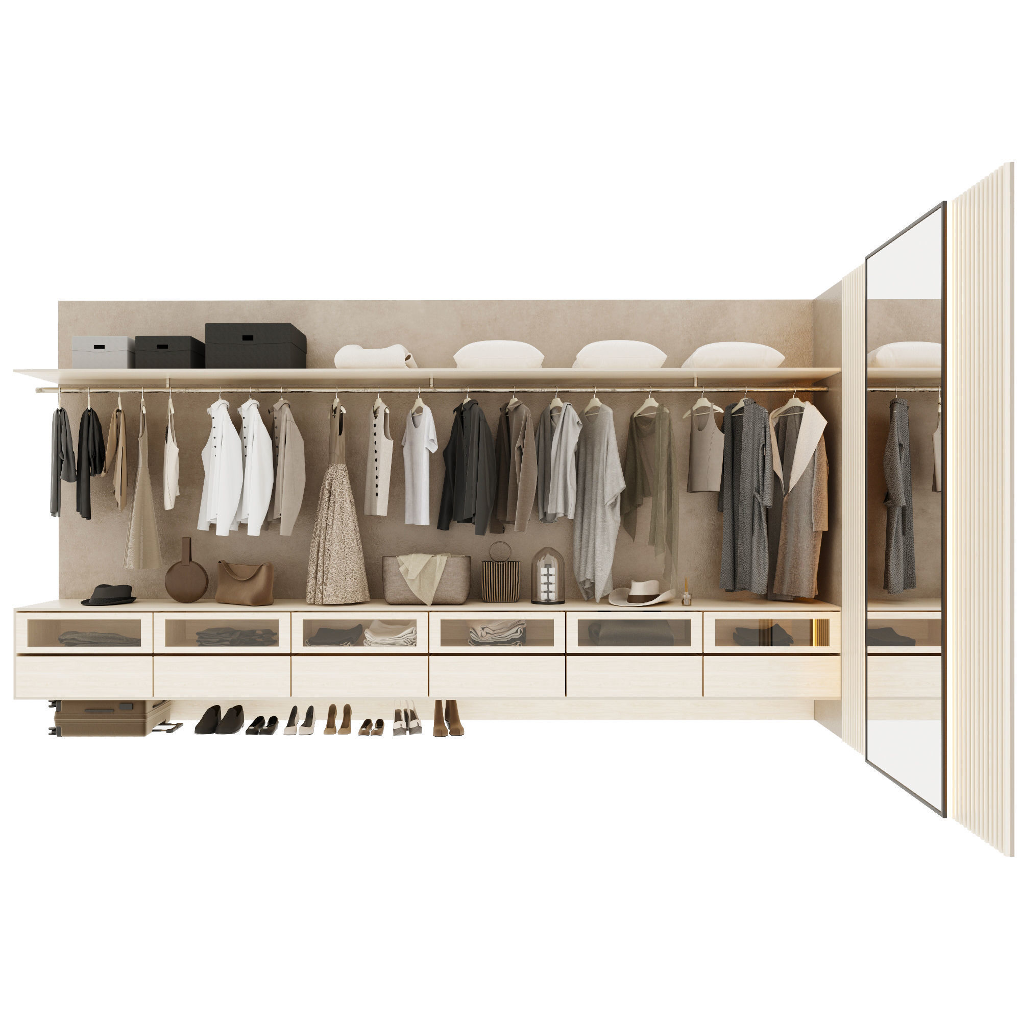 Wardrobe closet with clothes hanging on racks 3D model_2