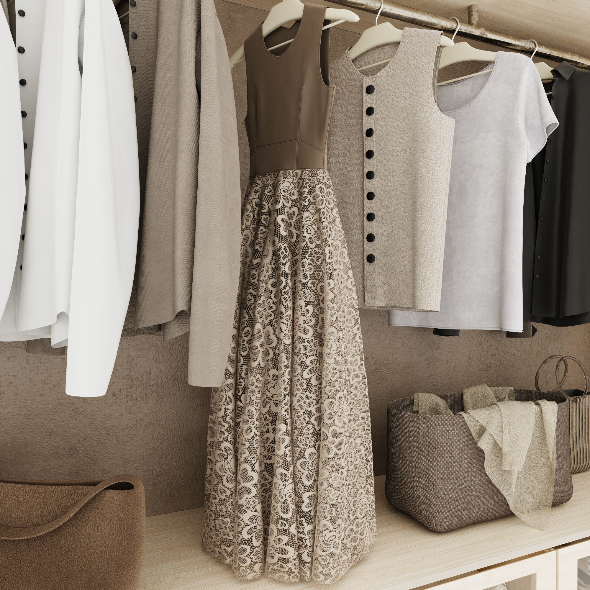 Wardrobe closet with clothes hanging on racks 3D model_7