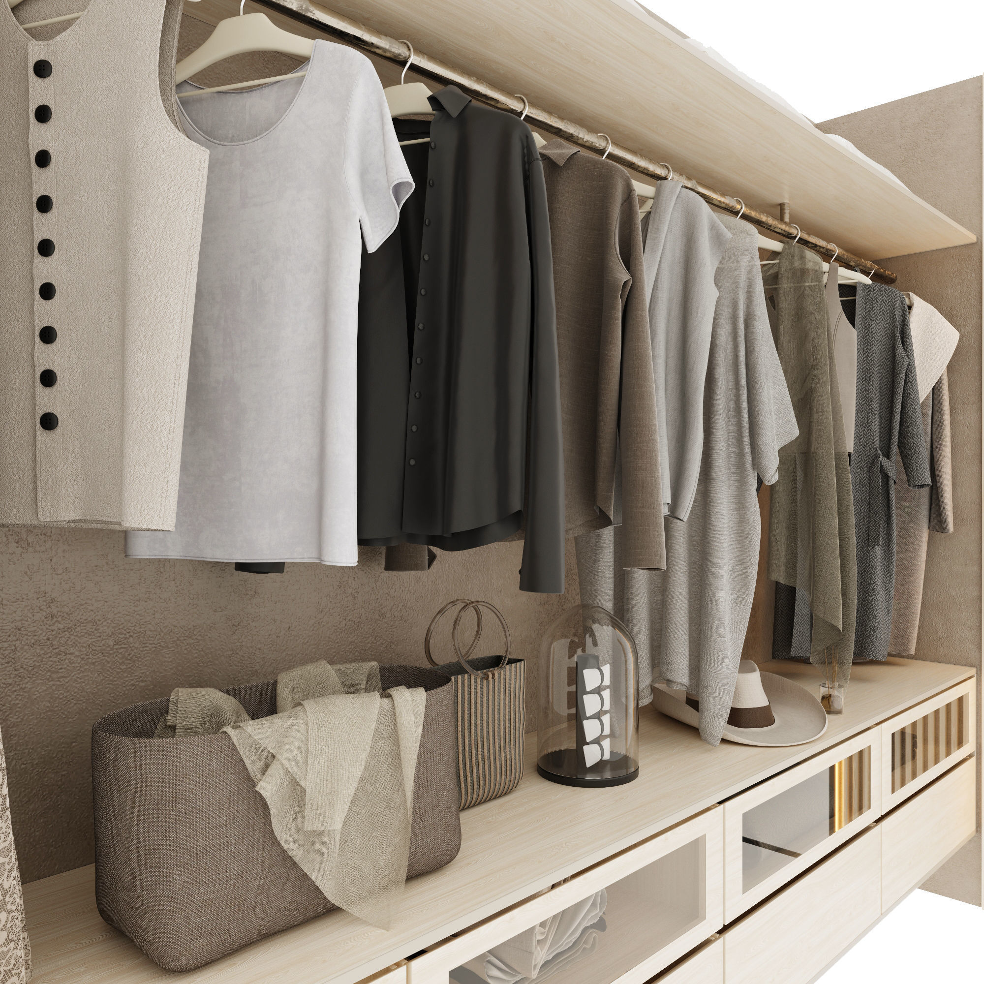 Wardrobe closet with clothes hanging on racks 3D model_5