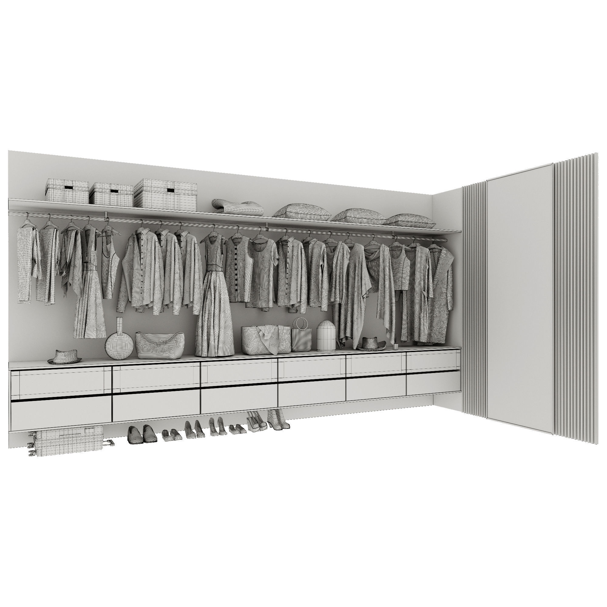 Wardrobe closet with clothes hanging on racks 3D model_8