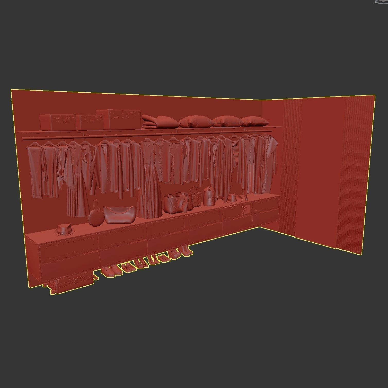 Wardrobe closet with clothes hanging on racks 3D model_9