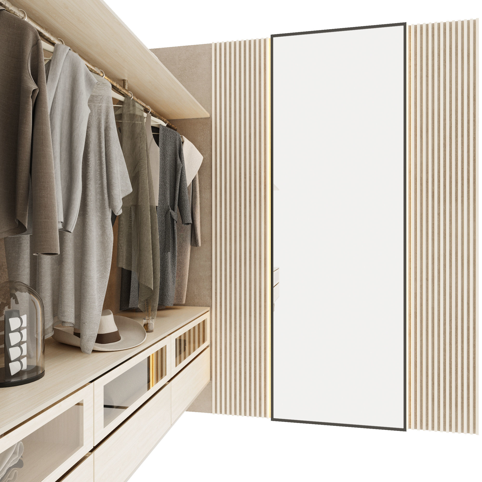 Wardrobe closet with clothes hanging on racks 3D model_6