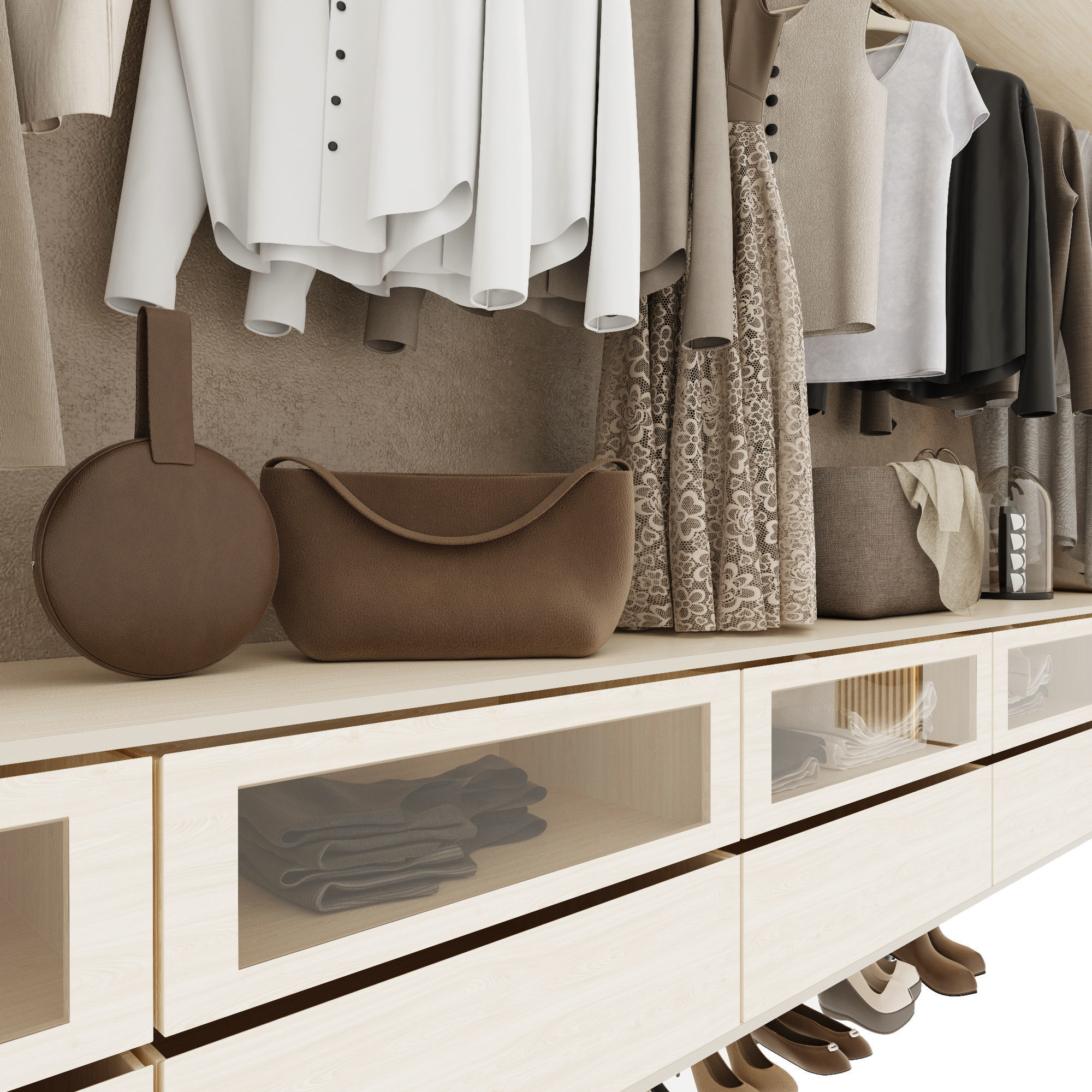 Wardrobe closet with clothes hanging on racks 3D model_4