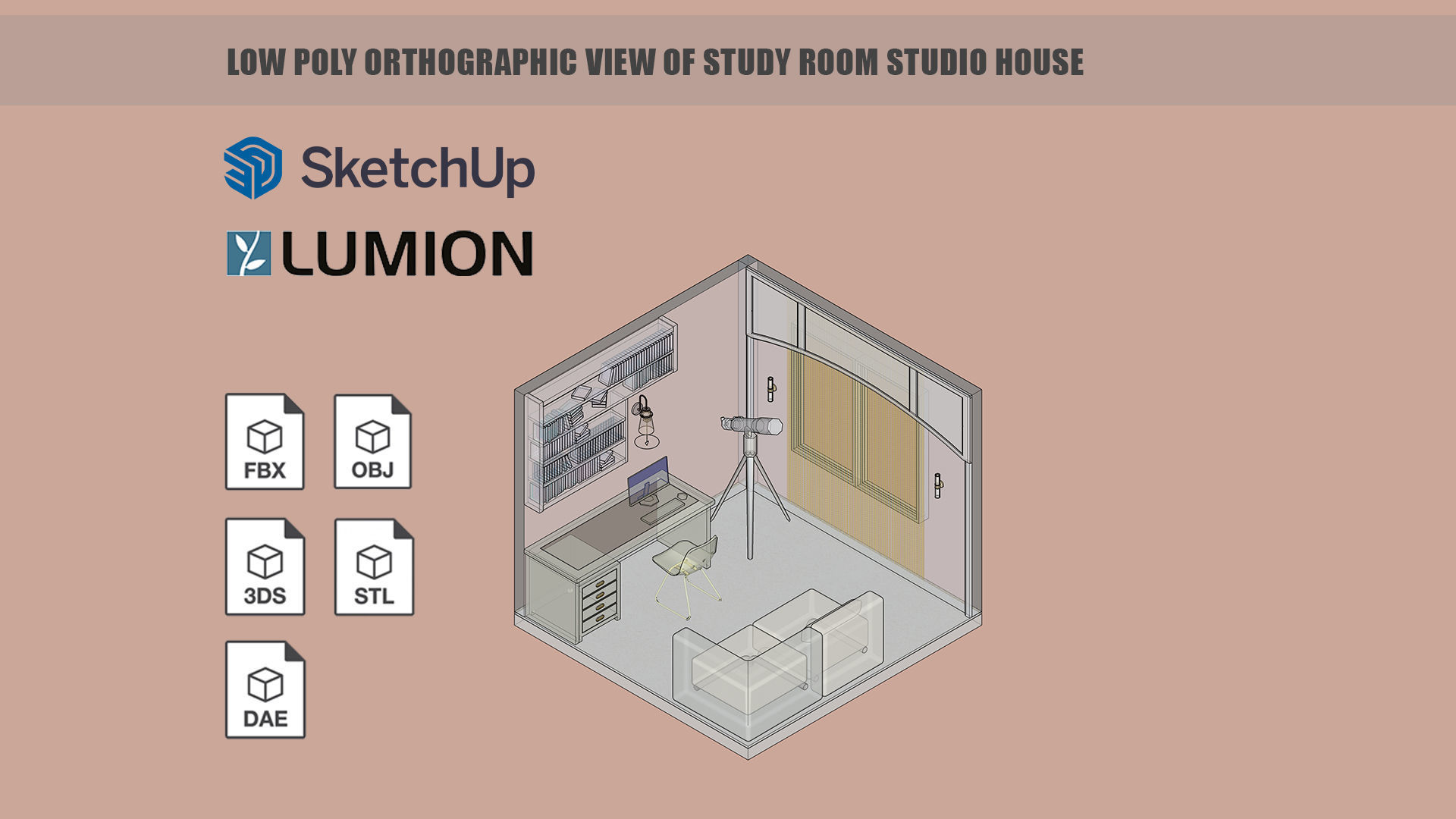 Low poly orthographic view of study room studio house Lumion 11 Low-poly 3D model_9
