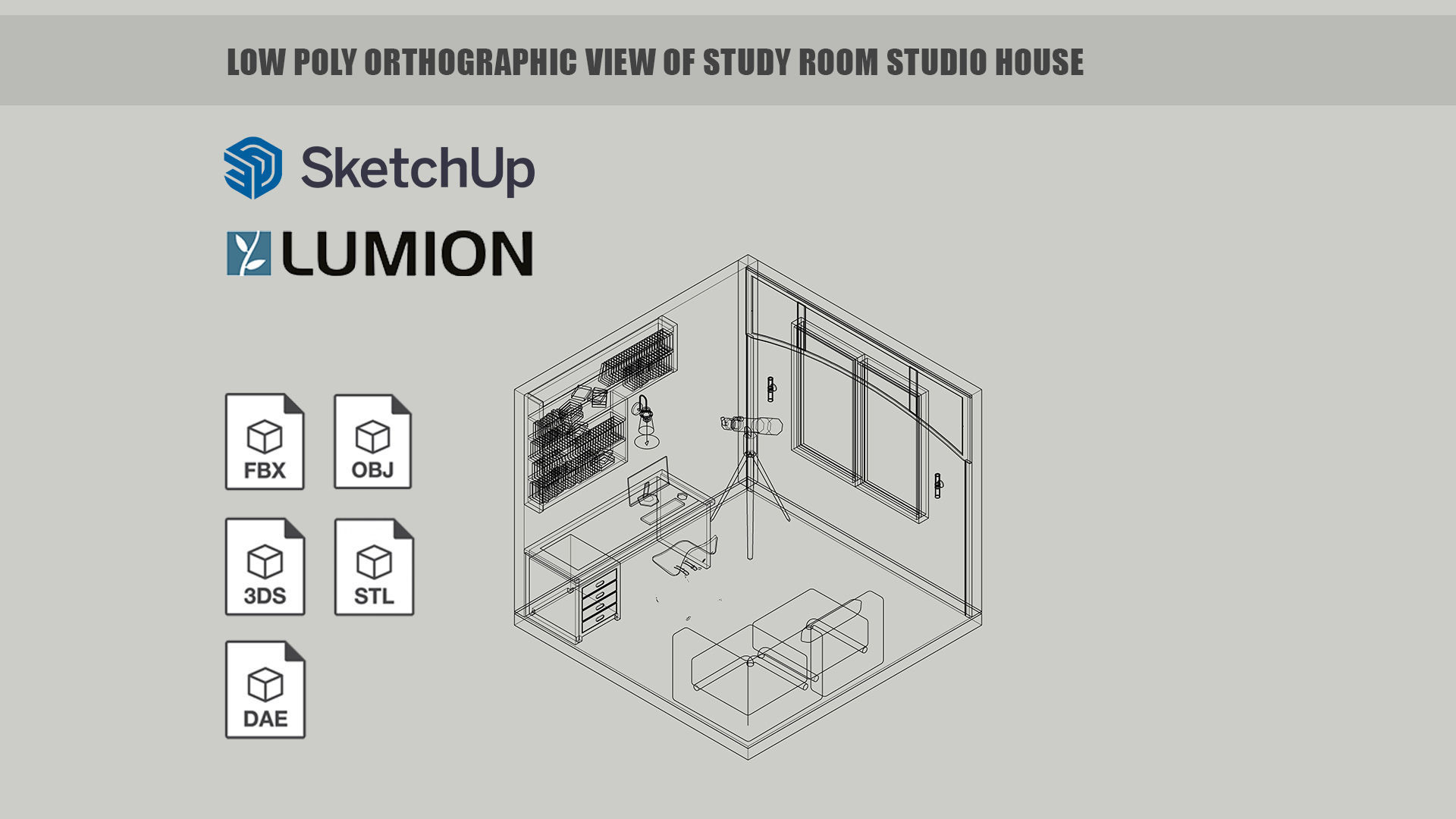 Low poly orthographic view of study room studio house Lumion 11 Low-poly 3D model_8