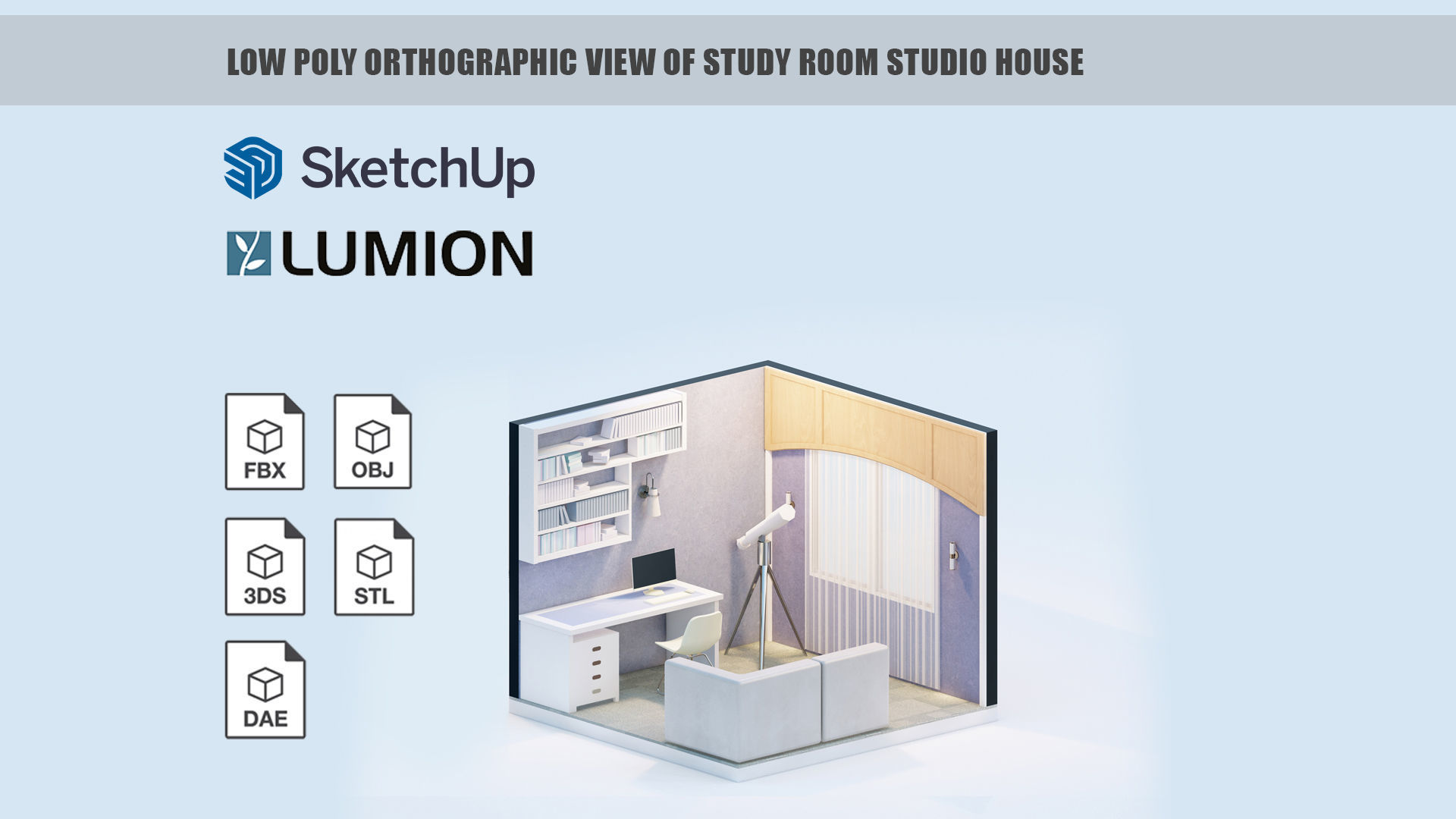 Low poly orthographic view of study room studio house Lumion 11 Low-poly 3D model_1