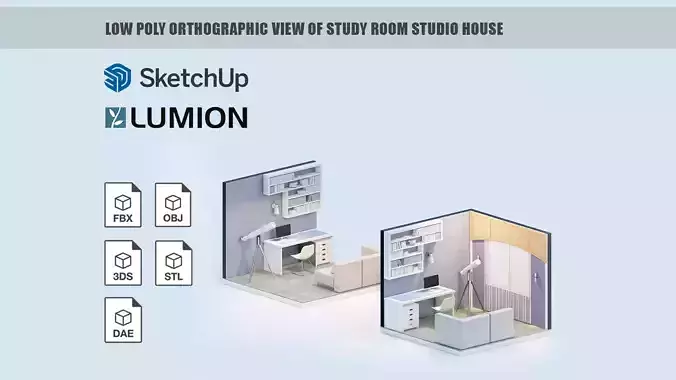 Low poly orthographic view of study room studio house Lumion 11 Low-poly 3D model