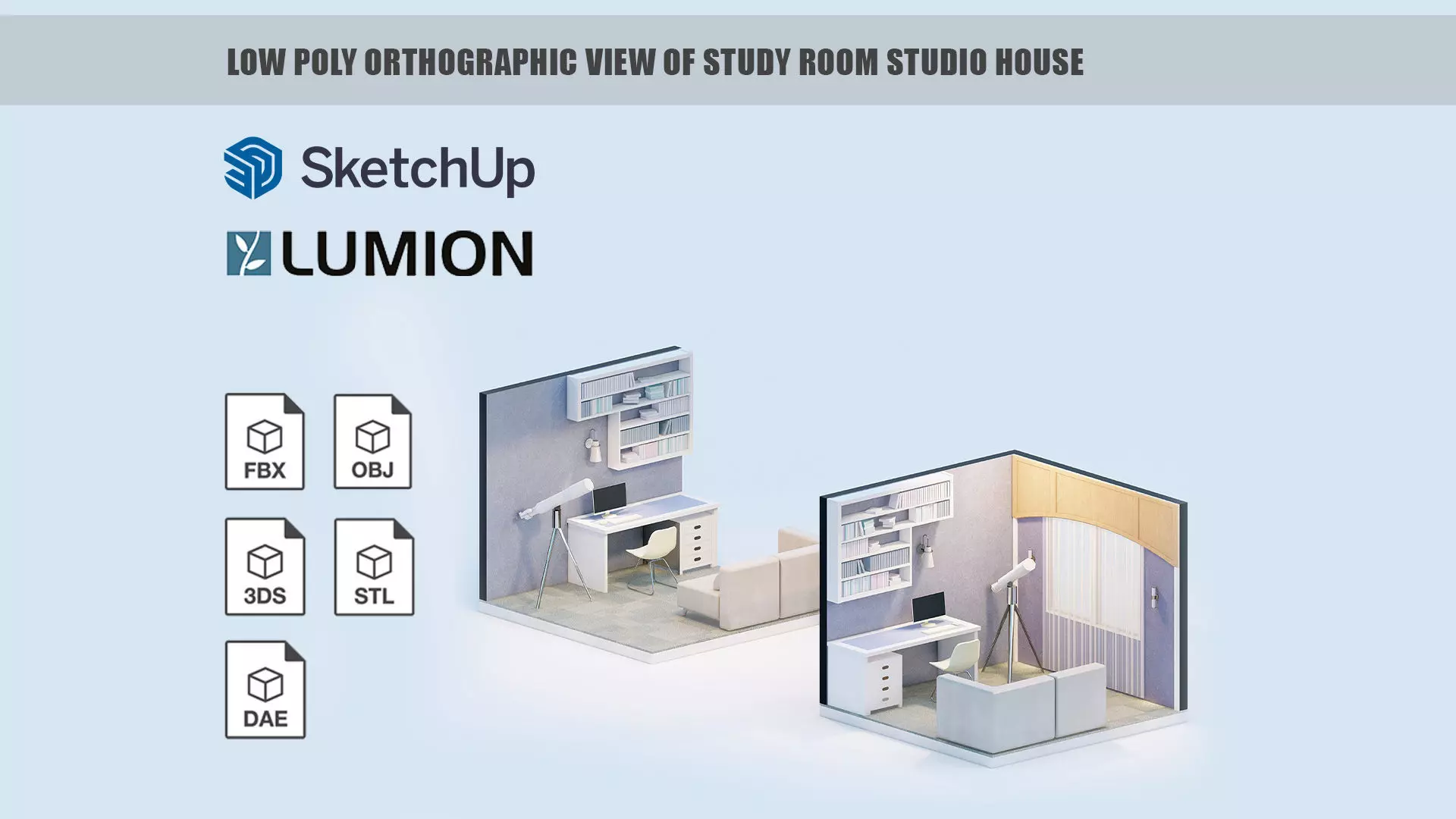 Low poly orthographic view of study room studio house Lumion 11 Low-poly 3D model_0