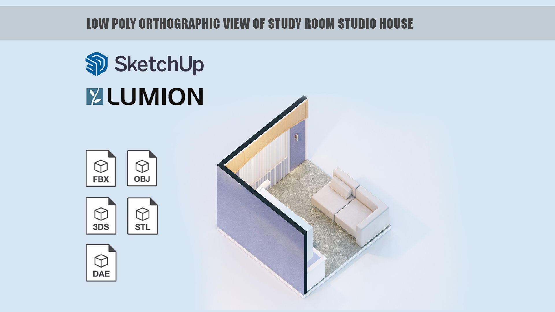 Low poly orthographic view of study room studio house Lumion 11 Low-poly 3D model_6