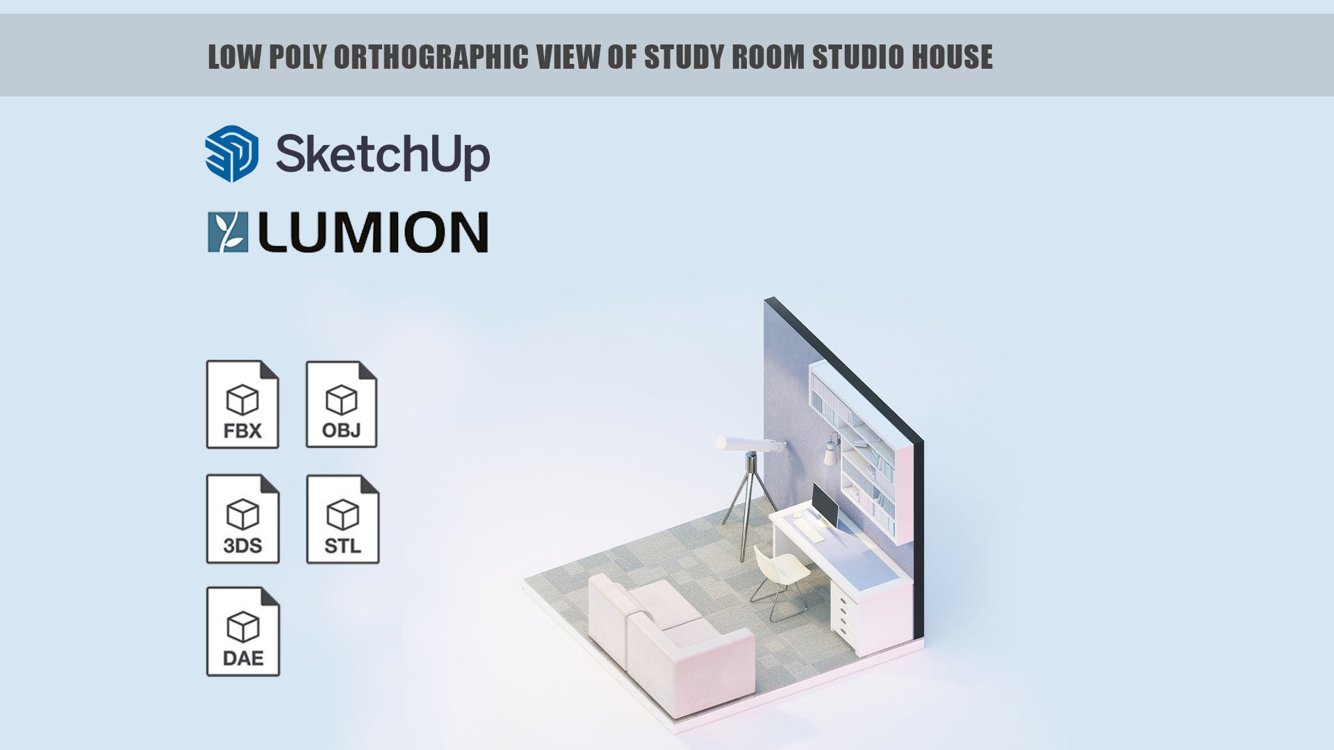 Low poly orthographic view of study room studio house Lumion 11 Low-poly 3D model_2