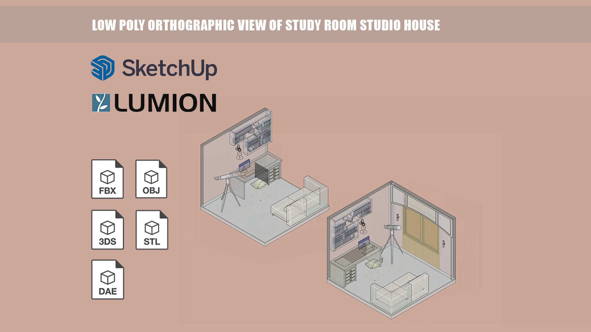 Low poly orthographic view of study room studio house Lumion 11 Low-poly 3D model_7