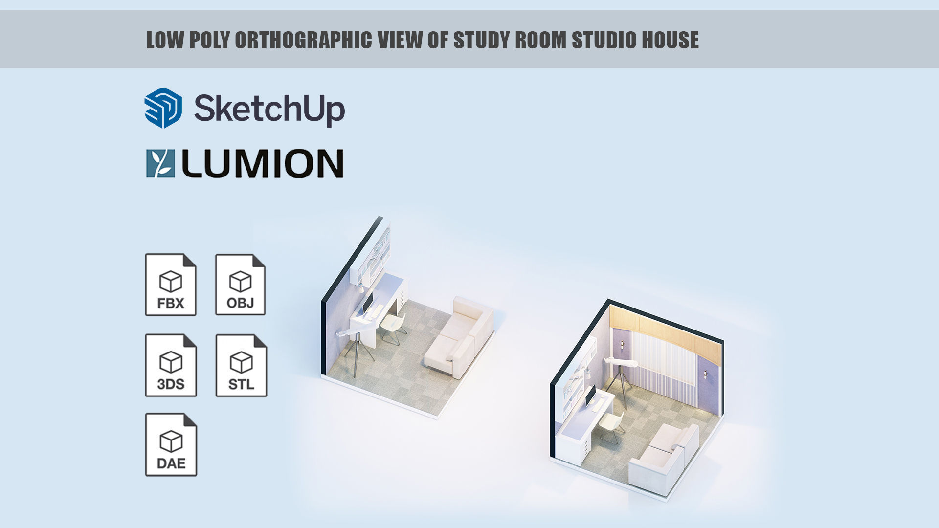 Low poly orthographic view of study room studio house Lumion 11 Low-poly 3D model_4