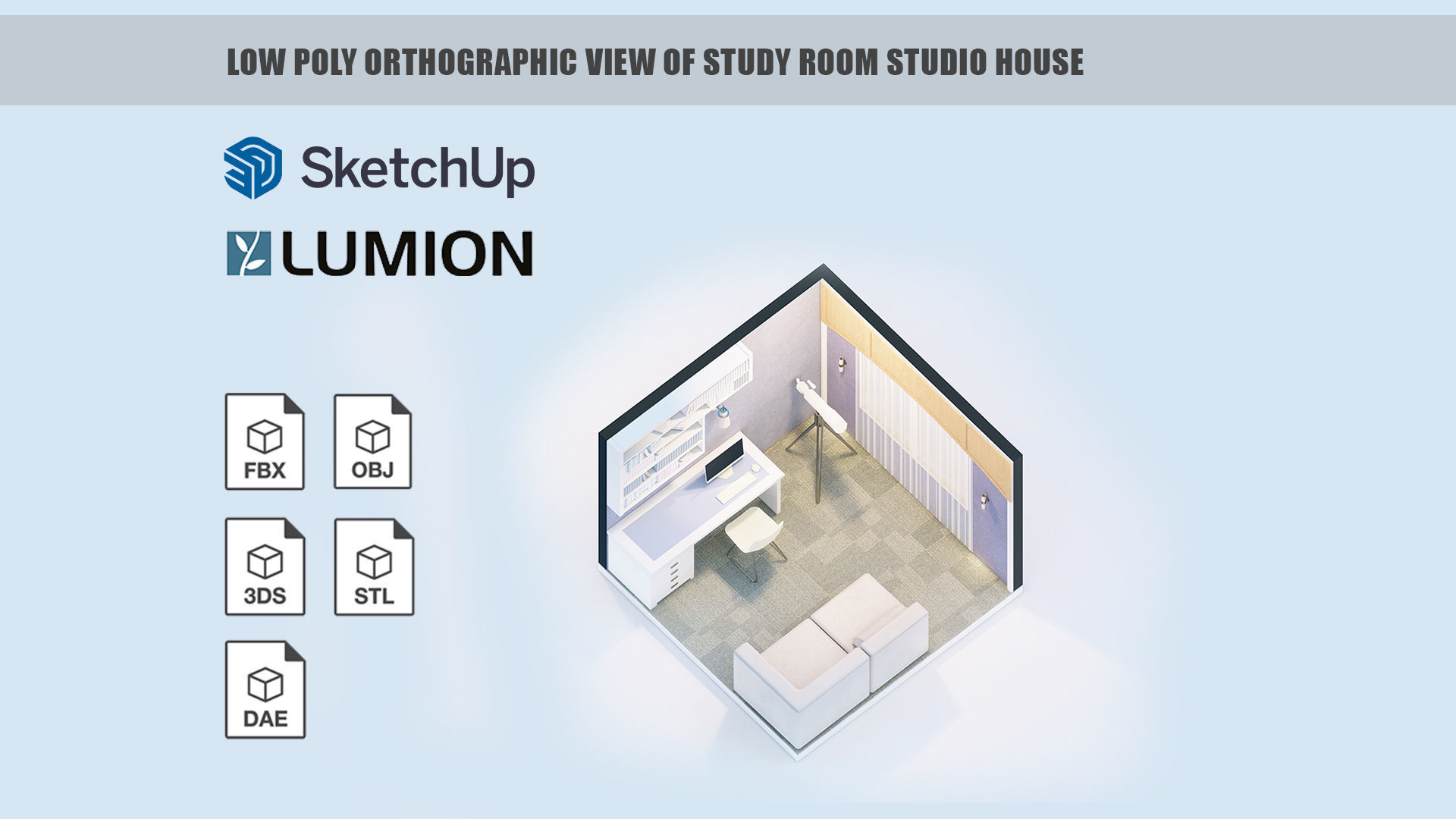 Low poly orthographic view of study room studio house Lumion 11 Low-poly 3D model_5