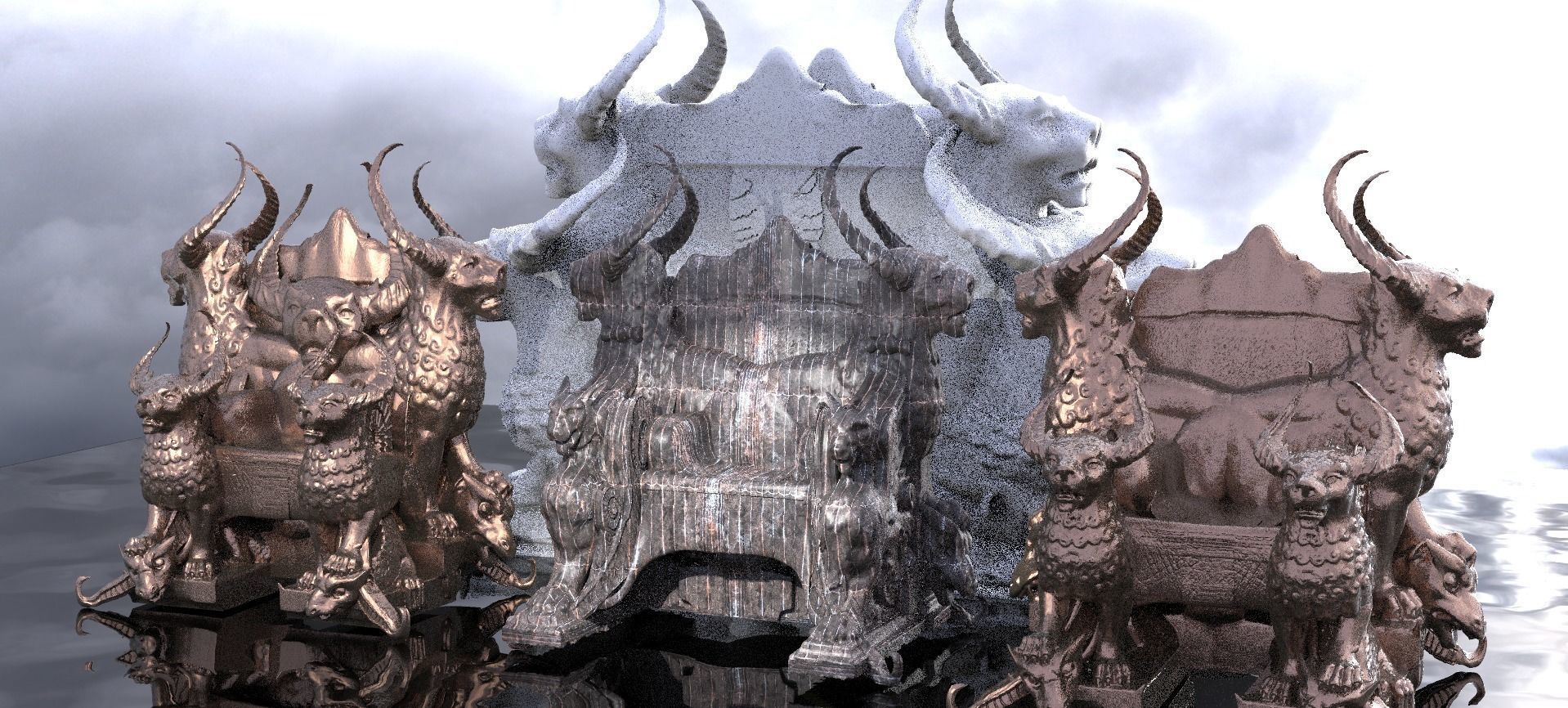 Babylonian Dark Ornate Throne 4 designs with single statues 3D model_1