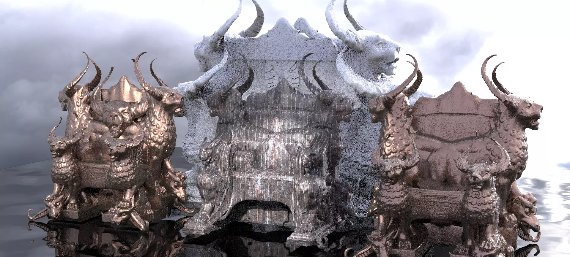 Babylonian Dark Ornate Throne 4 designs with single statues 3D model_0