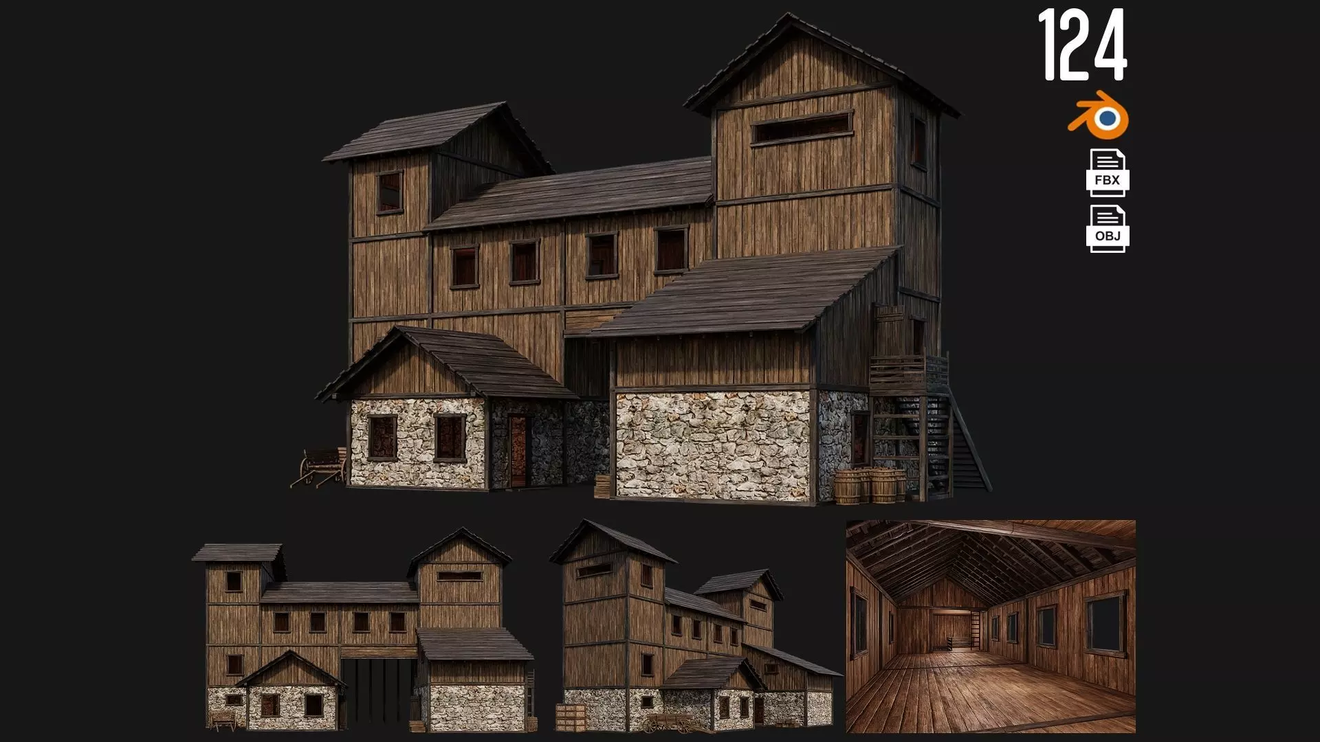 Old Wooden House Building 4K Textures GameReady 124 Low-poly 3D model_0