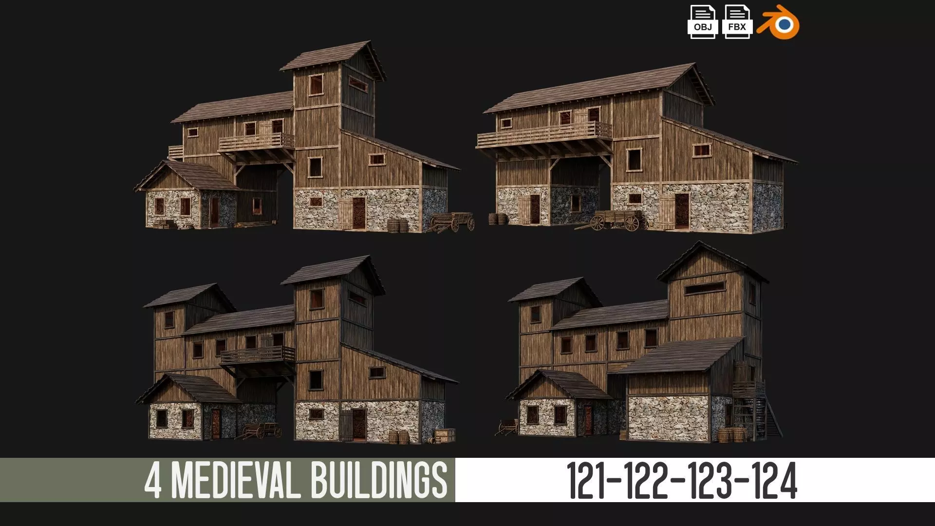 4 Old Wooden House Building Pack 4K GameReady 121 to 124 Low-poly 3D model