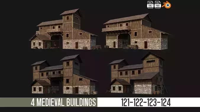 4 Old Wooden House Building Pack 4K GameReady 121 to 124 Low-poly 3D model