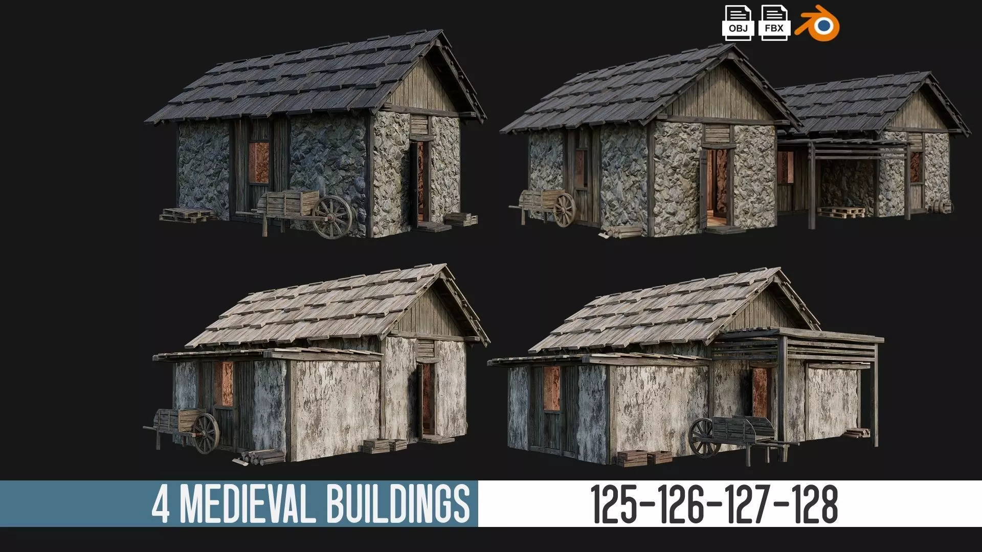 4 Old Medieval Building Pack 4K Textures GameReady 125 to 128 Low-poly 3D model