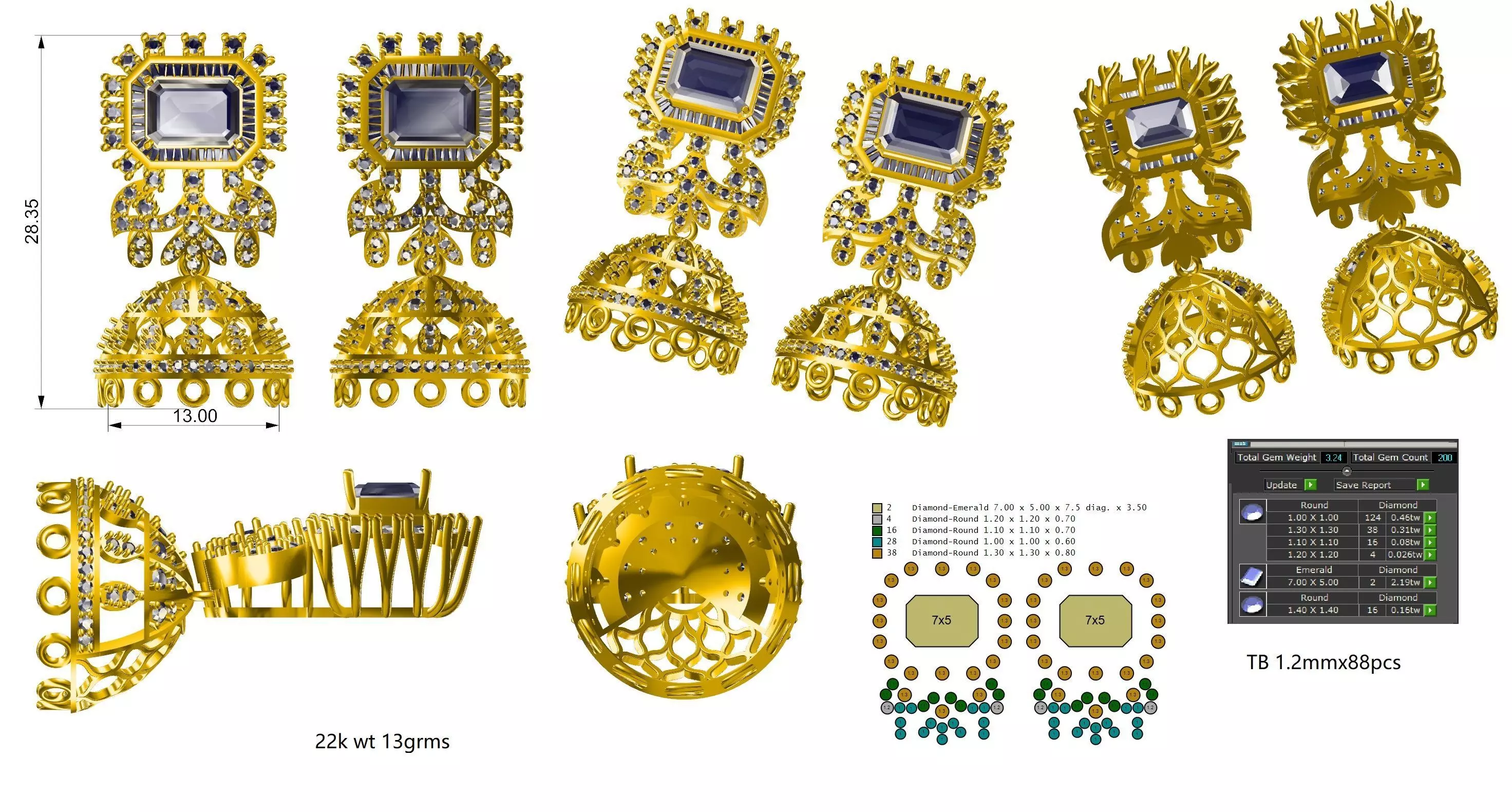 Diamon Jhumka Earing set for gold casting 22kt 3D print model