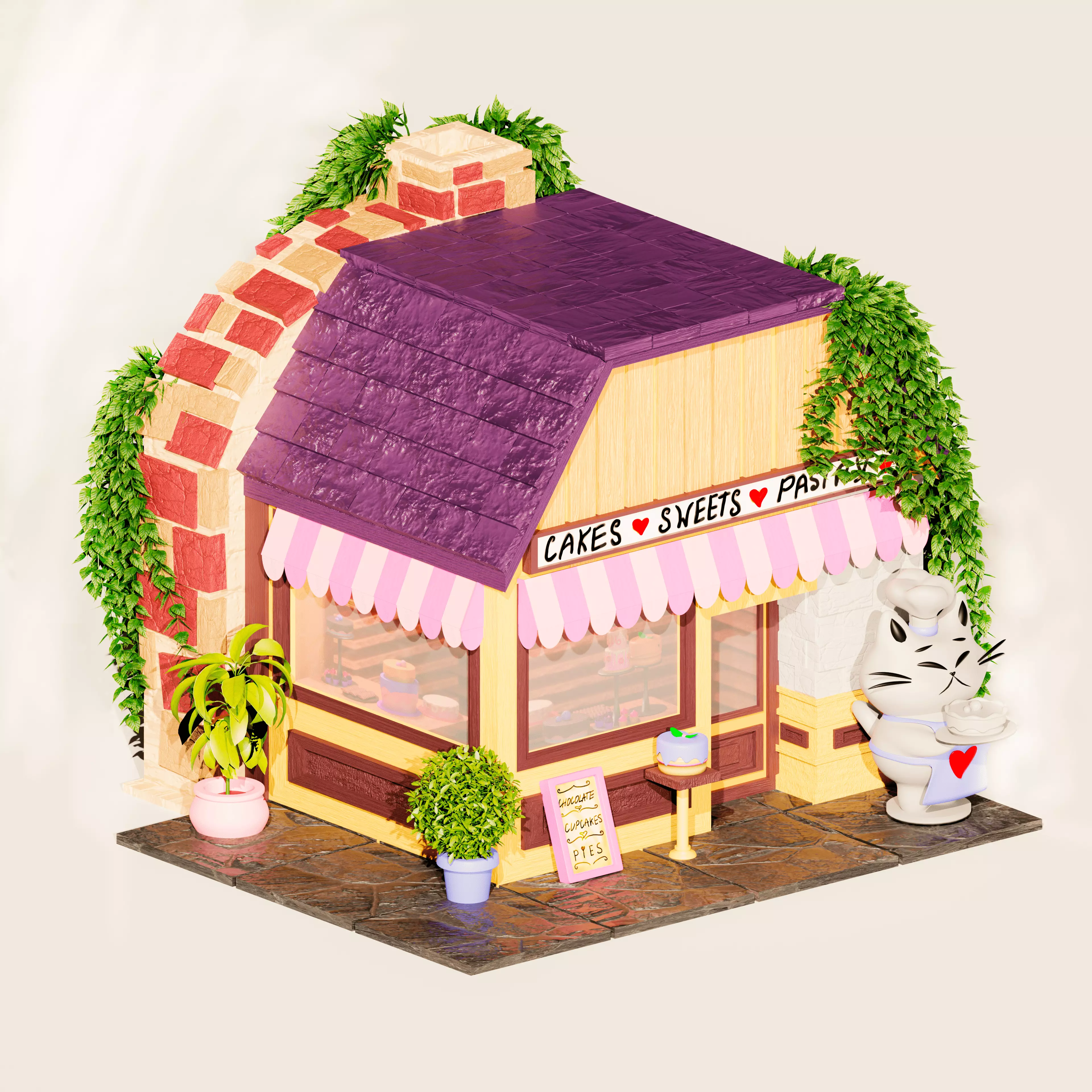 Cake Shop Store Plants Cat Environment Street 3D model